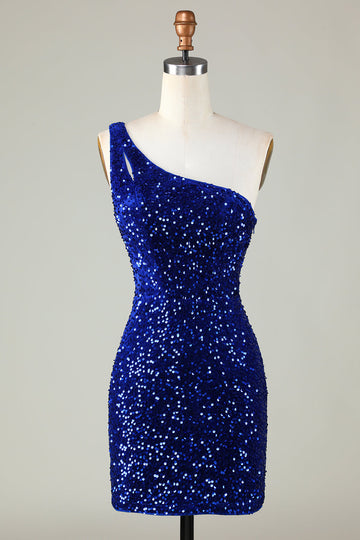 Lentejuelas Un Hombro Azul Real Vestido Corto